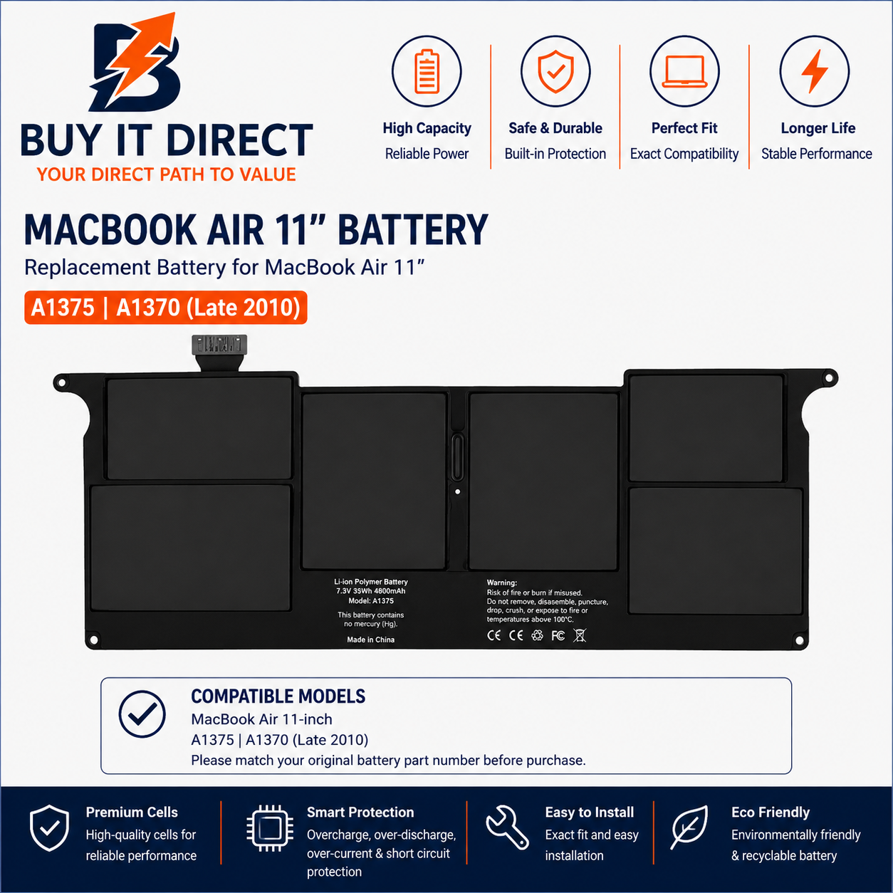 MacBook Air 11-inch A1375 35Wh Replacement Battery for A1370 Late 2010