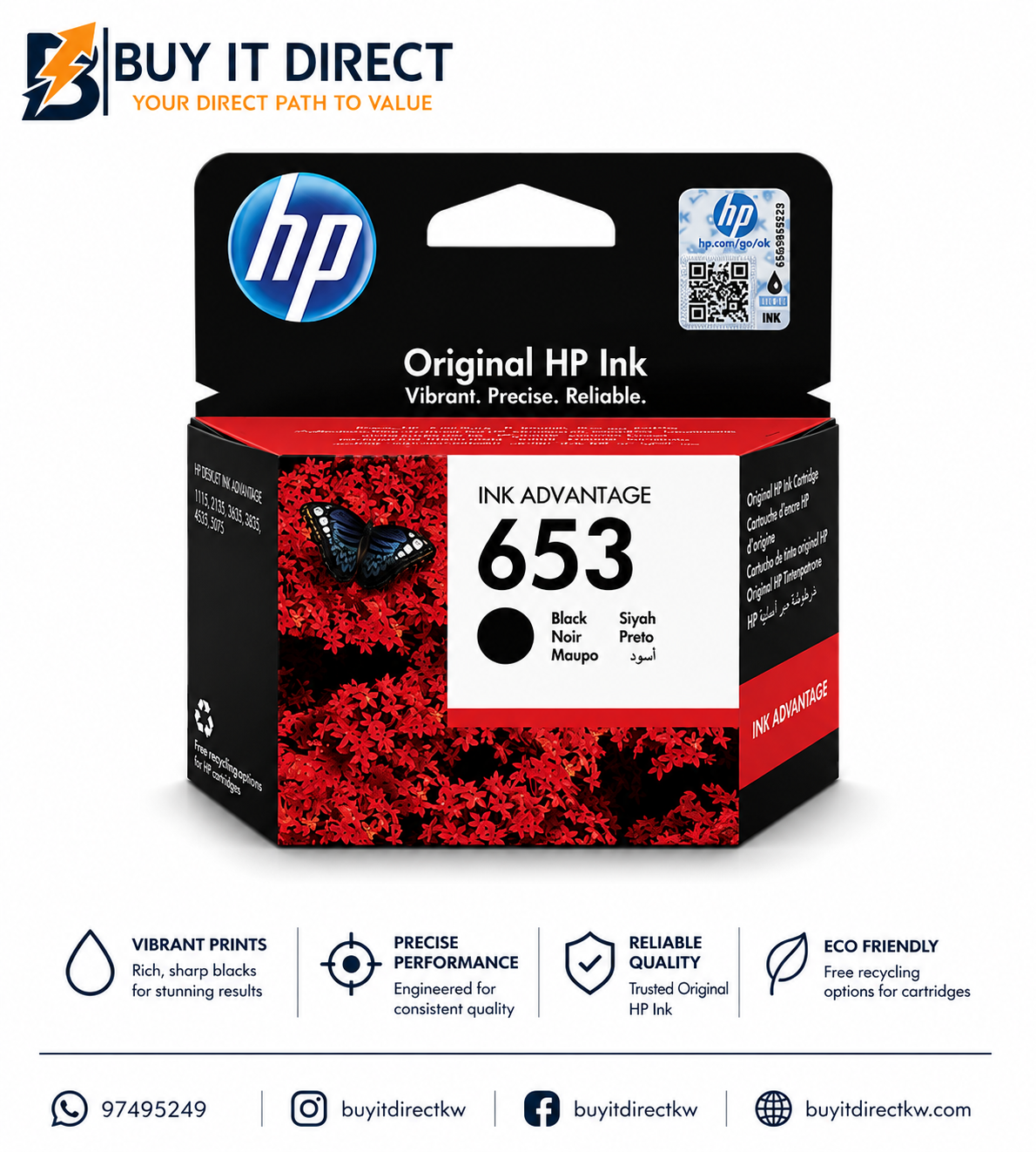 خرطوشة حبر HP 653 أسود أصلية Ink Advantage
