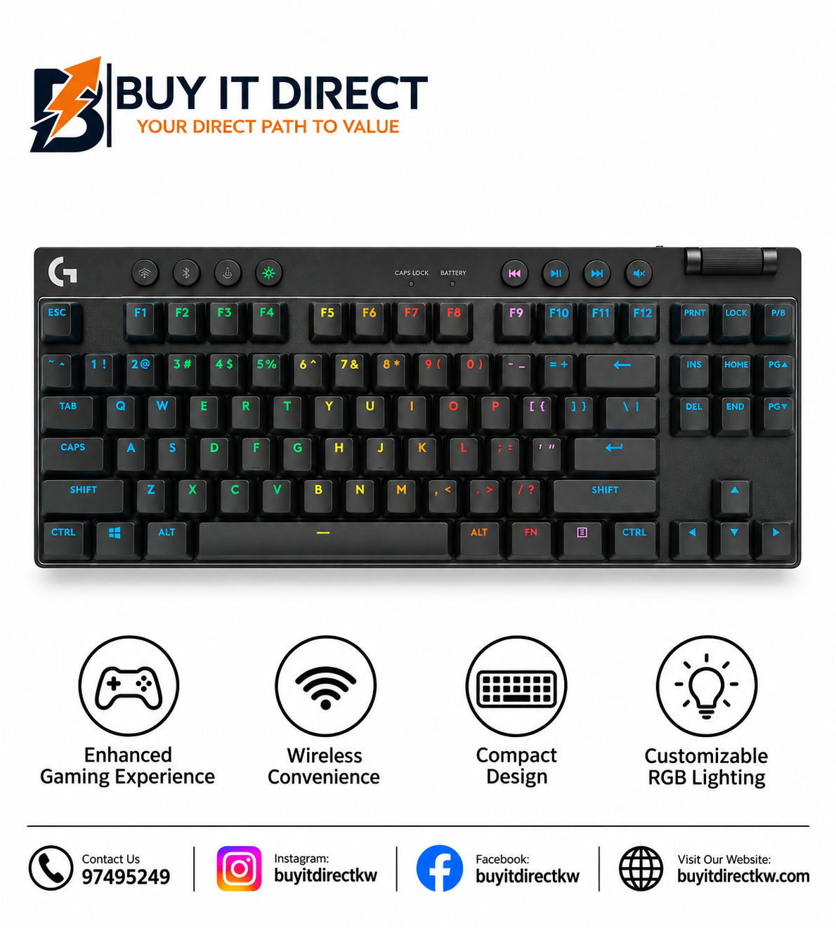 Logitech G PRO X TKL LIGHTSPEED Wireless Gaming Keyboard GX Brown Tactile Black