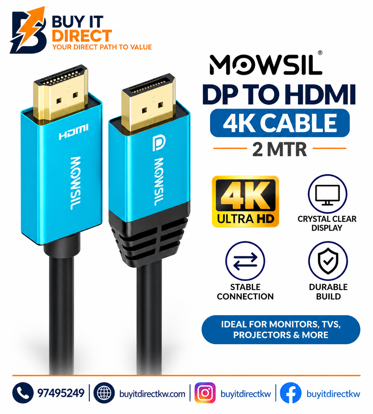 MOWSIL DisplayPort to HDMI 4K Cable 2M
