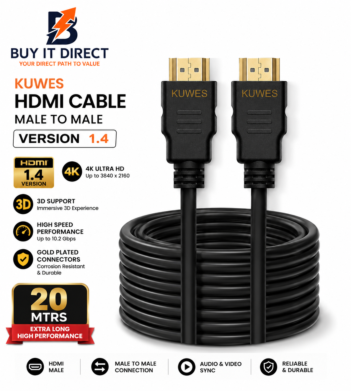 KUWES HDMI Cable 4K Version 1.4 20 Meter