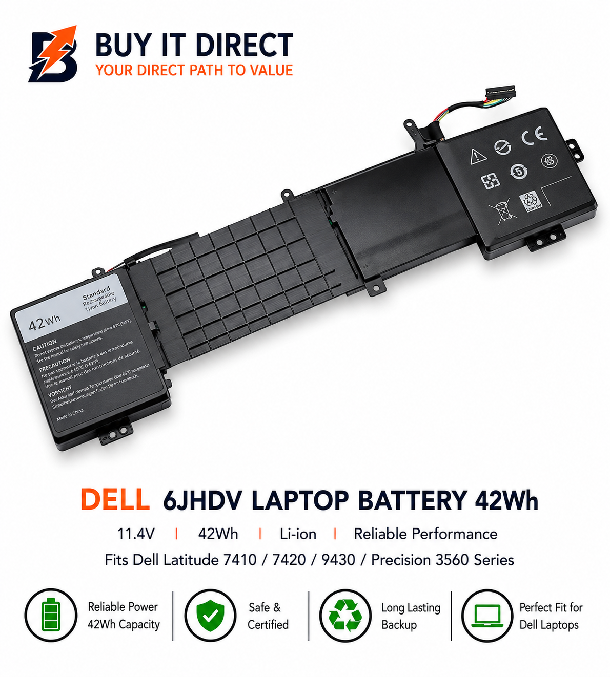 بطارية لابتوب ديل 6JHDV بسعة 42 واط ساعة متوافقة مع Latitude 7410 و7420 و9430 وسلسلة Precision 3560