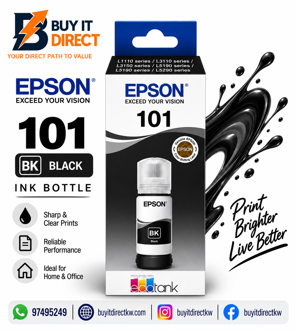 Epson 101 EcoTank Black Original Ink Bottle – C13T03V14A