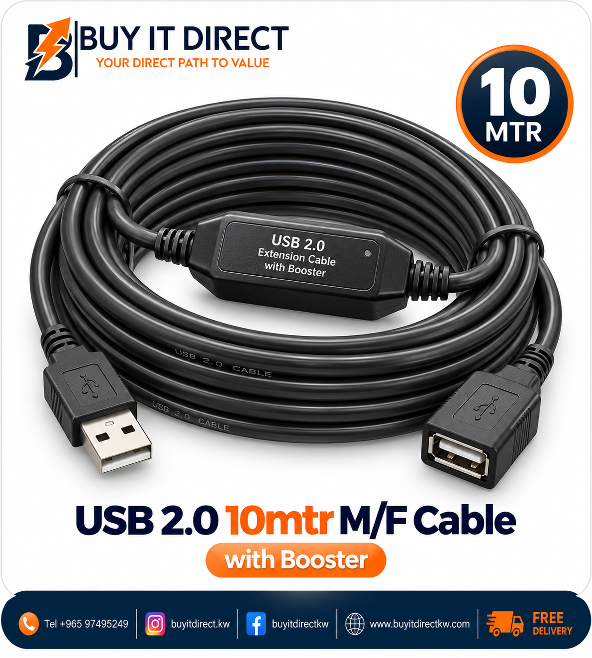 USB 2.0 10mtr Male Female Cable with Booster
