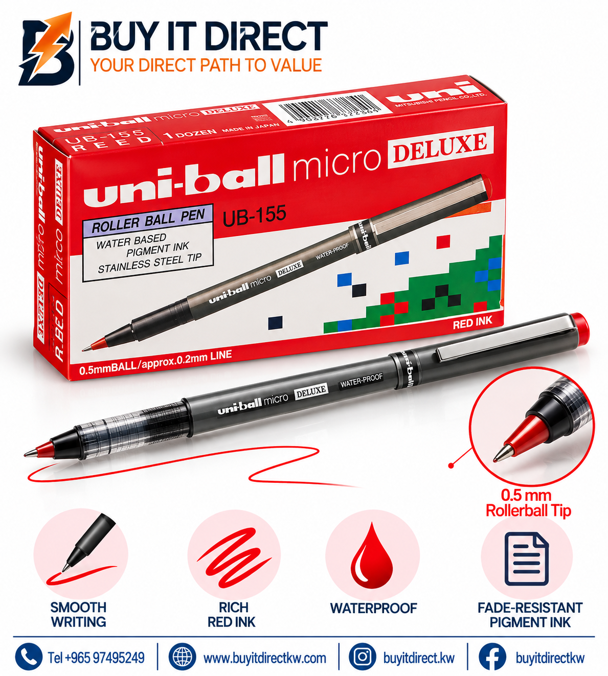 أقلام uni-ball Eye Micro Deluxe UB-155 أحمر 0.5 مم - عبوة 12 قلم