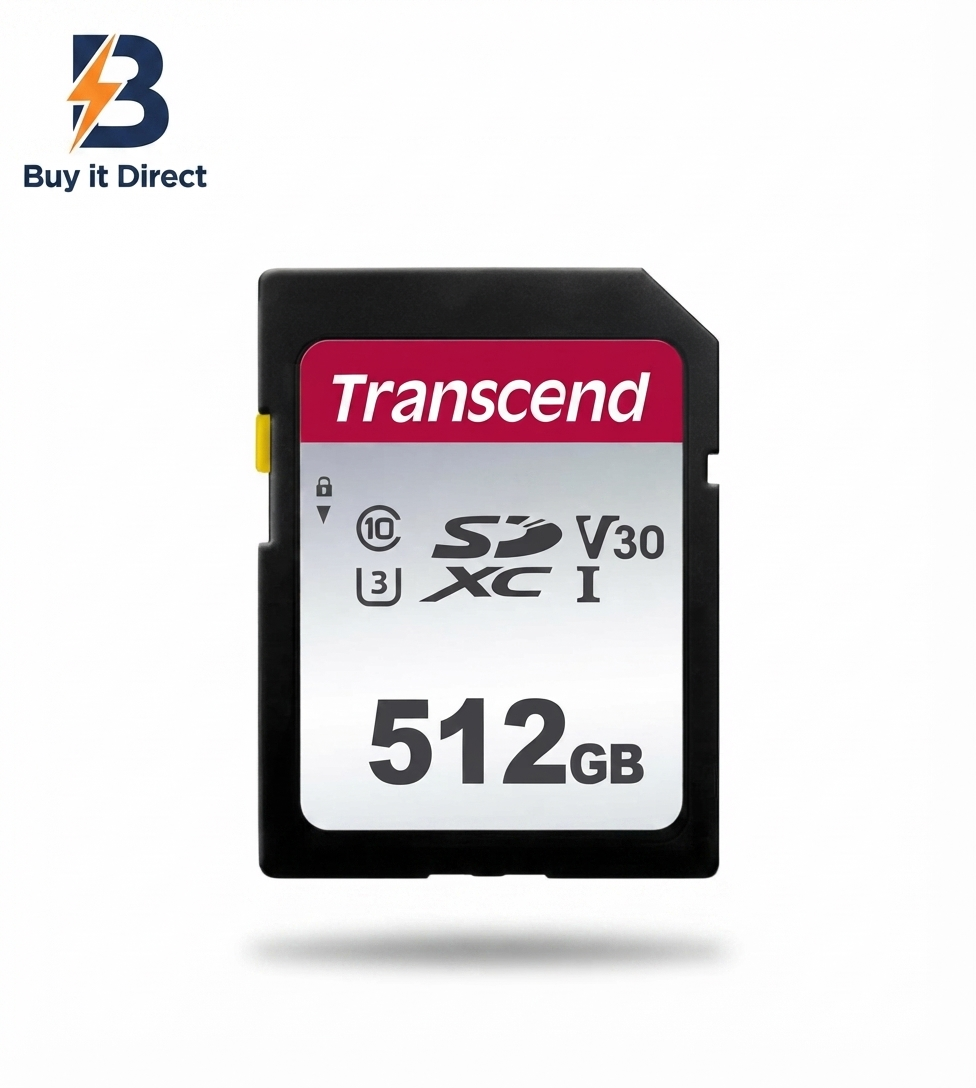 بطاقة ذاكرة Transcend سعة 512 جيجابايت من الفئة 300S (بطاقة SD)، تدعم معايير U3 وV30 ودقة 4K UHD، بسرعة تصل إلى 100/55 ميجابايت/ثانية - TS512GSDC300S