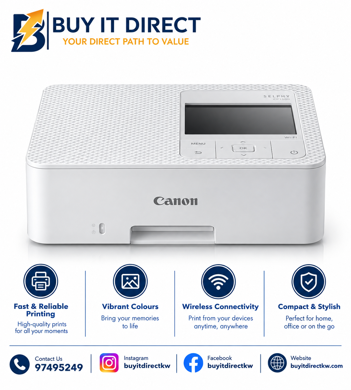 طابعة صور مدمجة Canon SELPHY CP1500 (أبيض) – طابعة تسامي صباغي لاسلكية محمولة